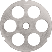 A round, silver metal Stay Sharp plate with a brushed texture has six large, evenly spaced circular holes around a smaller central hole. Three small notches on the outer edge suggest its designed for use with the Hobart 3246PLT grinder or cutting tool.