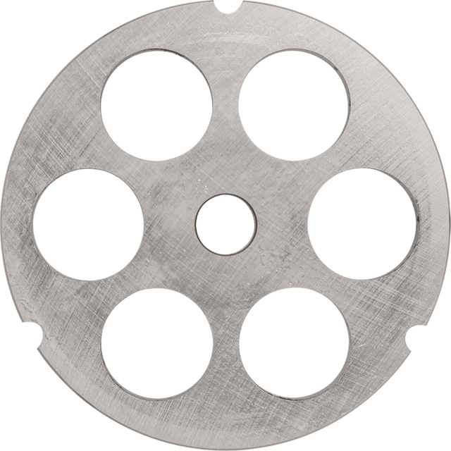 A round, silver metal Stay Sharp plate with a brushed texture has six large, evenly spaced circular holes around a smaller central hole. Three small notches on the outer edge suggest its designed for use with the Hobart 3246PLT grinder or cutting tool.