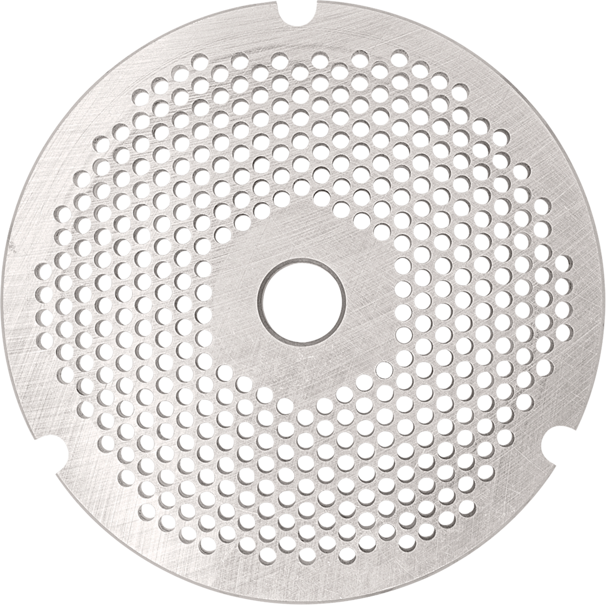 A round metal Stay Sharp plate with a brushed texture, featuring multiple small, evenly spaced holes in concentric circles and a hexagonal pattern in the center. Designed for Hobart 3246PLT-3/16S #32/#46 grinders, with a large central hole and three edge notches.