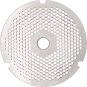 A round metal Stay Sharp plate with a brushed texture, featuring multiple small, evenly spaced holes in concentric circles and a hexagonal pattern in the center. Designed for Hobart 3246PLT-3/16S #32/#46 grinders, with a large central hole and three edge notches.