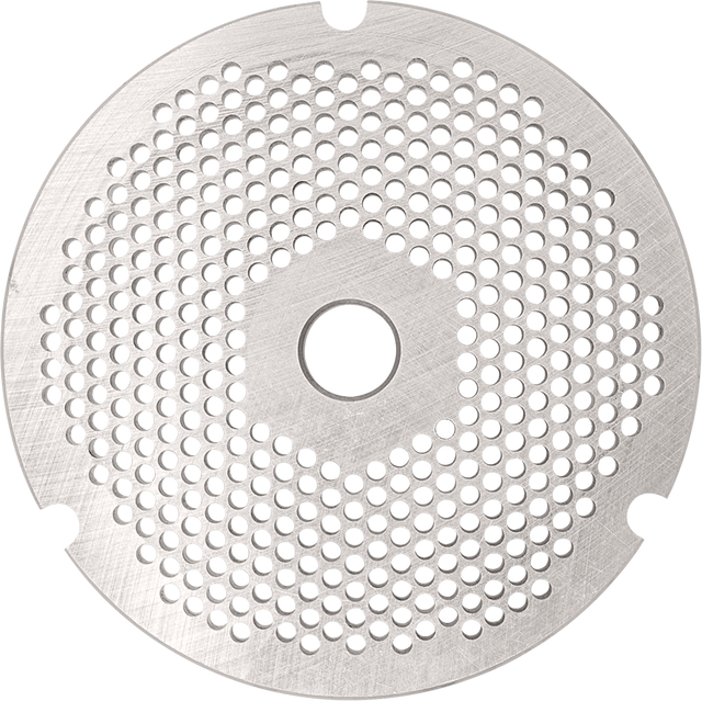 A round metal Stay Sharp plate with a brushed texture, featuring multiple small, evenly spaced holes in concentric circles and a hexagonal pattern in the center. Designed for Hobart 3246PLT-3/16S #32/#46 grinders, with a large central hole and three edge notches.