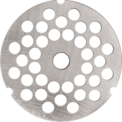 A round, flat metal disc with a central hole and evenly spaced circular holes in concentric rings. The brushed metal surface suggests it is a #32/#46 grinder plate, like the Hobart 3246PLT-3/8S Stay Sharp plate for meat grinders.
