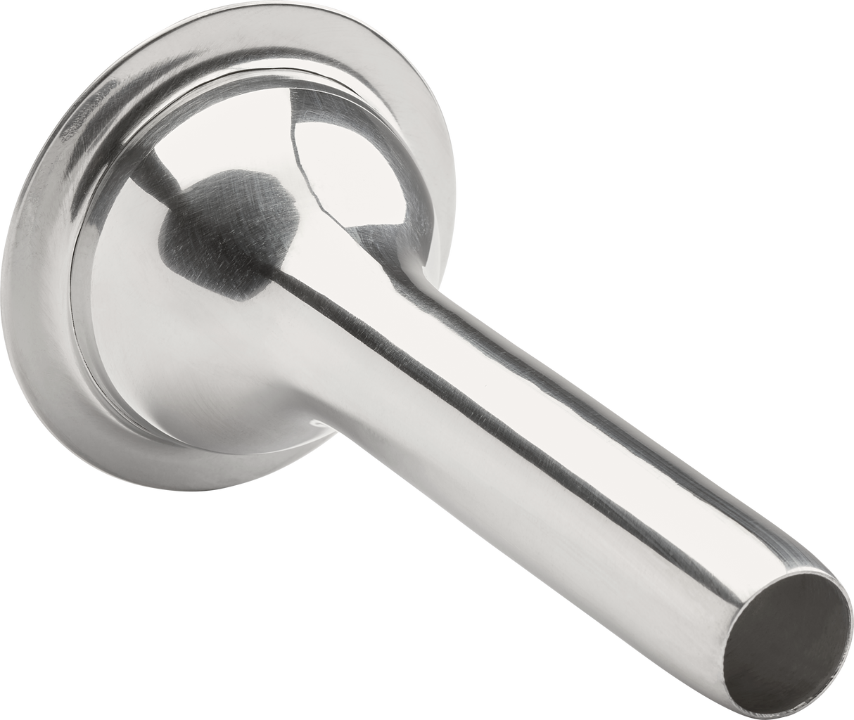 A shiny, metallic #32/#46 Stuffer funnel with a wide, flat base tapering into a long, cylindrical tube. The polished stainless steel surface reflects light, and the open end efficiently extrudes sausage mixture—compatible with large Hobart machines.