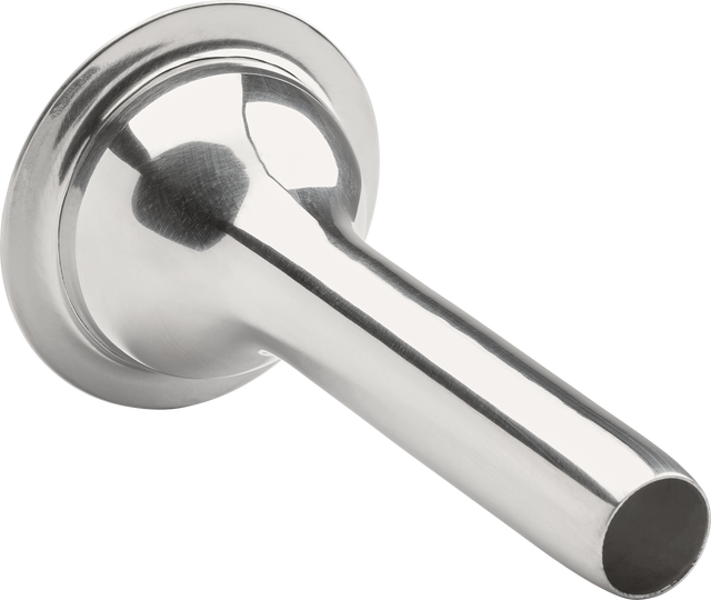 A shiny, metallic #32/#46 Stuffer funnel with a wide, flat base tapering into a long, cylindrical tube. The polished stainless steel surface reflects light, and the open end efficiently extrudes sausage mixture—compatible with large Hobart machines.