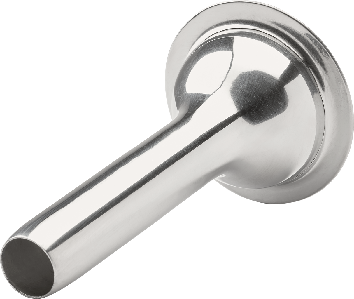 A shiny stainless steel funnel with a wide circular base and a narrow cylindrical spout, designed for use with a Hobart #32/#46 Stuffer. The large, reflective surface is smooth, and the funnel is angled slightly to the left on a white background.