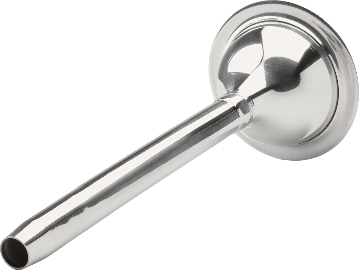 A shiny metal stethoscope chest piece with a long, cylindrical tube and a round, flat end, shown isolated on a plain white background—its polished finish resembles that of a #32 stuffer used in sausage making.