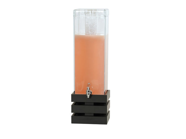 A tall, clear 3 gallon beverage dispenser with a metal spigot is filled with pink liquid. It sits on a modern black, square, stacked base against a plain white background and is made from BPA free materials.