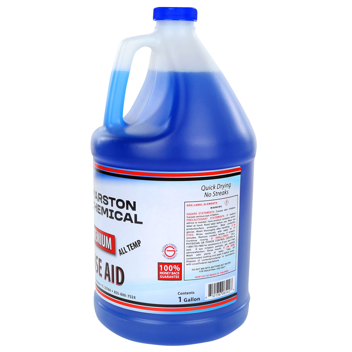 A one-gallon plastic jug with a blue liquid and cap. The label reads Marston Chemical Premium Rinse Aid and highlights quick drying, prevents spots, usage instructions, a guarantee badge, and a promise of no streaks.
