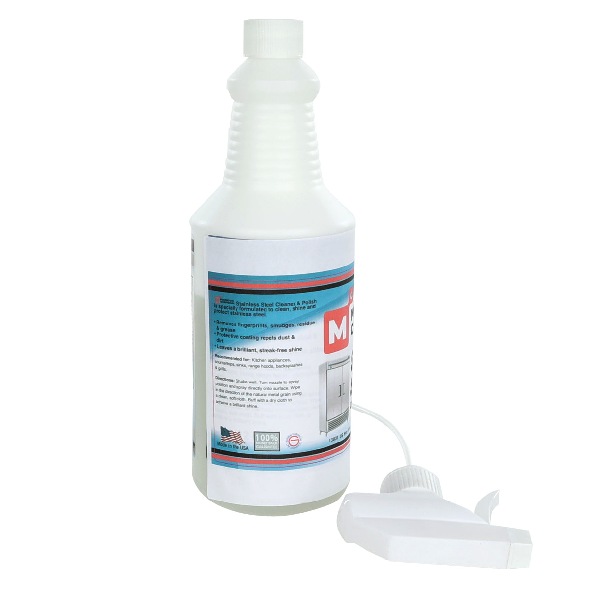 A white plastic spray bottle of professional-grade stainless steel polish with a red, blue, and white label lies on its side. The trigger spray nozzle is detached and placed in front. The label features text, images, an American flag, and product instructions.