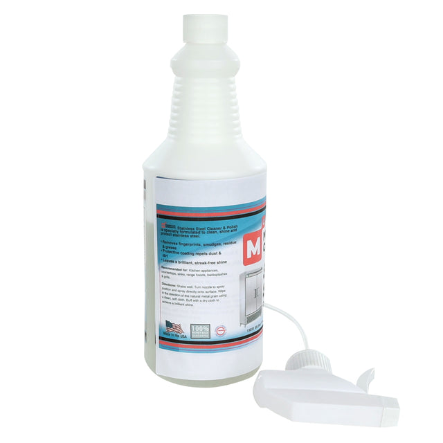 A white plastic spray bottle of professional-grade stainless steel polish with a red, blue, and white label lies on its side. The trigger spray nozzle is detached and placed in front. The label features text, images, an American flag, and product instructions.