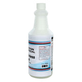 A translucent plastic bottle with a white screw cap, partially visible blue, white, and red label reading professional-grade stainless steel polish. The 32-ounce bottle contains liquid; text and instructions are printed on the label.