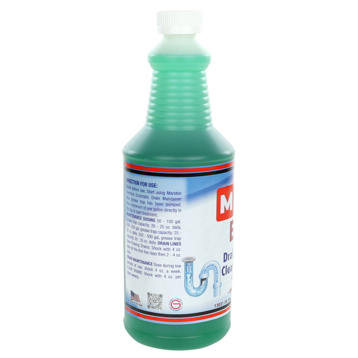 A clear plastic bottle filled with green Enzyme Drain Cleaner. The bottle has a white cap and ribbed neck. The label displays directions, an illustration of a pipe and water, and highlights that it’s safe for pipes and improves grease trap efficiency.