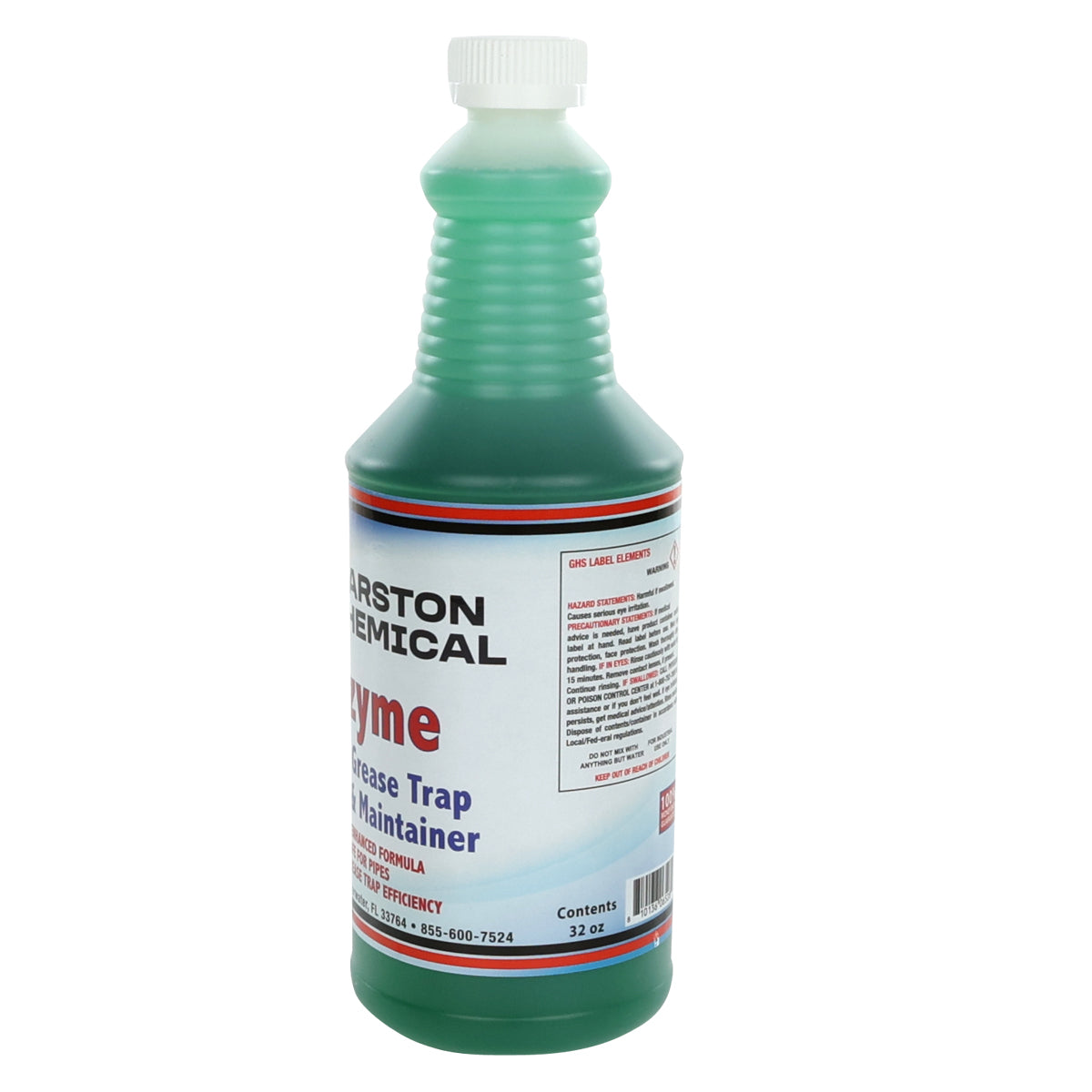 A plastic 32-ounce bottle with a ribbed grip, white cap, and translucent green liquid inside. The label reads “Larston Chemical Enzyme Drain Cleaner & Grease Trap Maintainer”—safe for pipes and designed to boost grease trap efficiency.