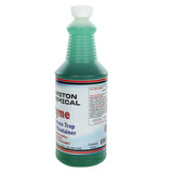 A plastic 32-ounce bottle with a ribbed grip, white cap, and translucent green liquid inside. The label reads “Larston Chemical Enzyme Drain Cleaner & Grease Trap Maintainer”—safe for pipes and designed to boost grease trap efficiency.