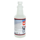 A white plastic bottle with a ribbed neck and twist cap, featuring a red, blue, and white label. The label shows an M logo, text, a metal ice machine image, and highlights it as a highly concentrated Nickel Safe Ice Machine Cleaner.