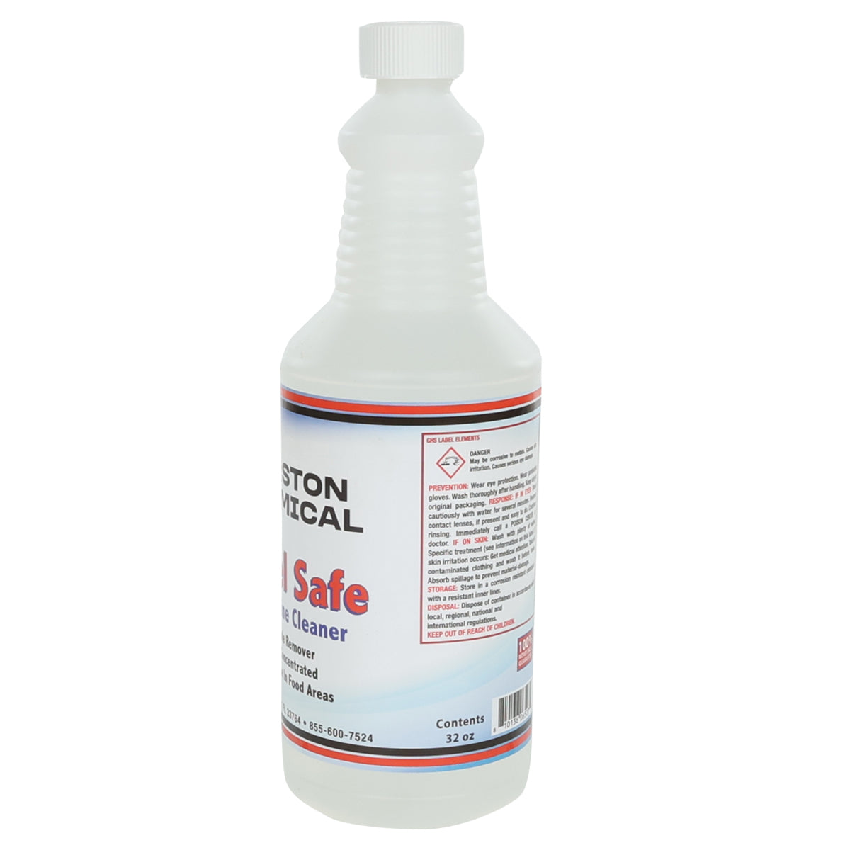 A white plastic spray bottle with a ribbed neck and clear cap, labeled “Alk Safe Surface Cleaner.” This highly concentrated cleaner from Preston Chemical comes in a 32 oz size and features detailed instructions, warnings, and a hazard symbol.