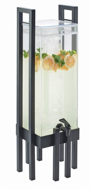 A tall, rectangular 3 gallon beverage dispenser with a black metal frame and legs, filled with lemonade, lemon slices, mint leaves, and ice. The dispenser features a spigot near the bottom for pouring drinks.