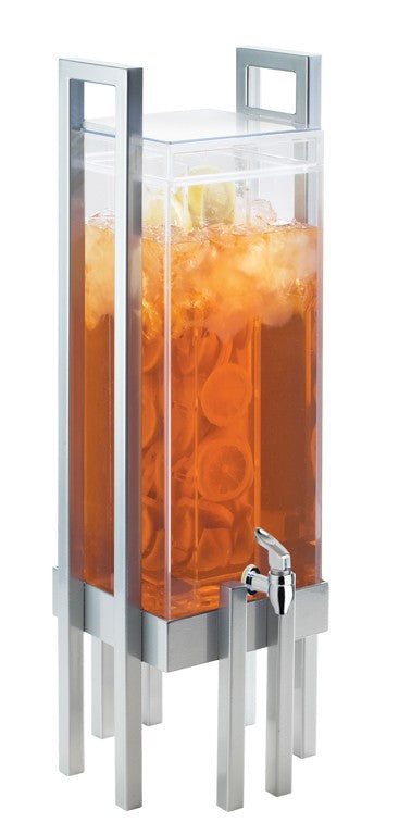 A tall, rectangular Cal-Mil beverage dispenser with a silver metal frame, filled with iced tea and ice cubes. Lemon slices float on top of the 3 gallon container, which features a clear lid and a metal spigot near the bottom for pouring drinks.