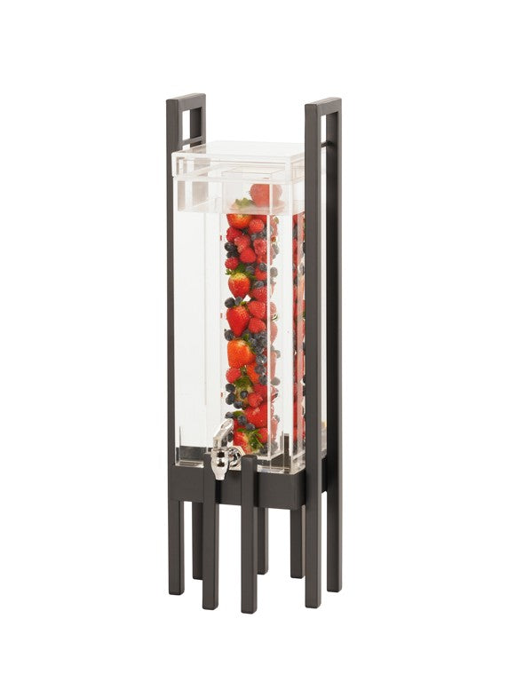 A tall, rectangular 3 gallon capacity beverage dispenser on a modern black stand is filled with water and assorted fresh berries, using an infusion chamber for added flavor. The dispenser features a silver spigot near the base.