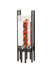 A tall, rectangular 3 gallon capacity beverage dispenser on a modern black stand is filled with water and assorted fresh berries, using an infusion chamber for added flavor. The dispenser features a silver spigot near the base.