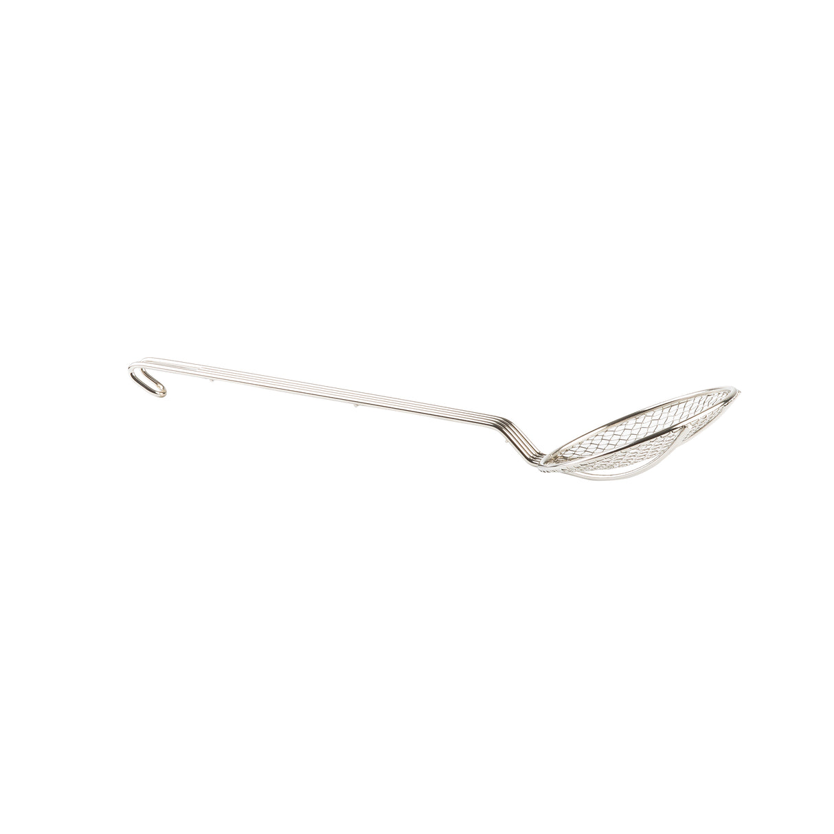 A long-handled, nickel plated skimmer with a fine square mesh basket and a hooked handle, used to lift or drain food from hot liquids like oil or boiling water.