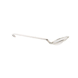 A long-handled, nickel plated skimmer with a fine square mesh basket and a hooked handle, used to lift or drain food from hot liquids like oil or boiling water.
