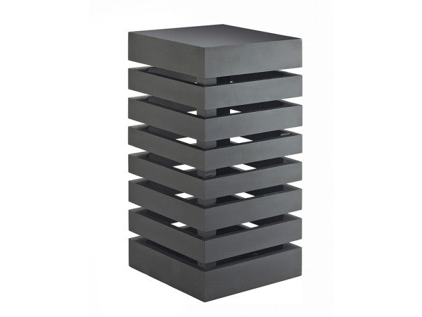A modern, rectangular display crate tower made of stacked, glossy black rectangular blocks with evenly spaced gaps between each layer, creating a geometric, architectural appearance. The structure stands upright against a plain white background.