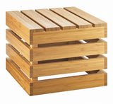 A square wooden stool or side table made from smooth, light-colored wood slats arranged horizontally with gaps, creating a modern, open crate riser design. The flat surface and sturdy, minimalist build are perfect for stylish storage or display.