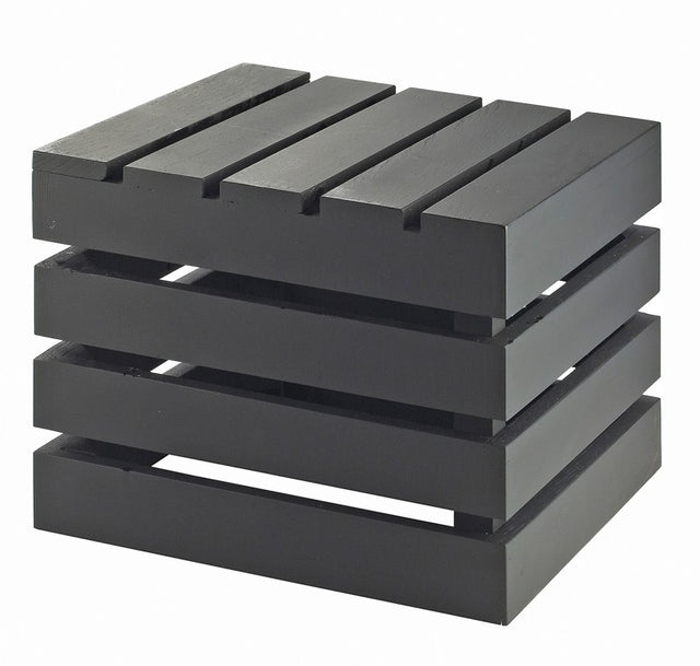 A black wooden side table with a modern, minimalist design. Inspired by a Midnight Bamboo Crate Riser, it features four thick horizontal slats and stacked gaps for an open look. The flat surface and base create a sleek, square shape.
