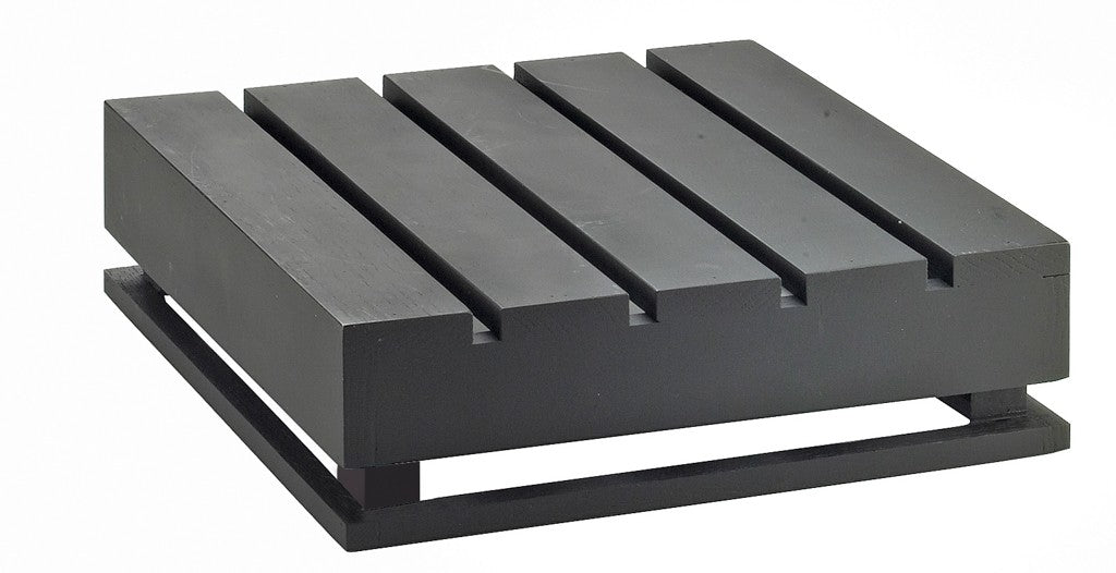 A black, rectangular, industrial metal platform with four wide, evenly spaced slats on top, elevated on a solid base frame—this crate riser resembles a heavy-duty pallet. The background is plain white.