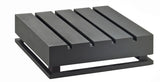 A black, rectangular, industrial metal platform with four wide, evenly spaced slats on top, elevated on a solid base frame—this crate riser resembles a heavy-duty pallet. The background is plain white.