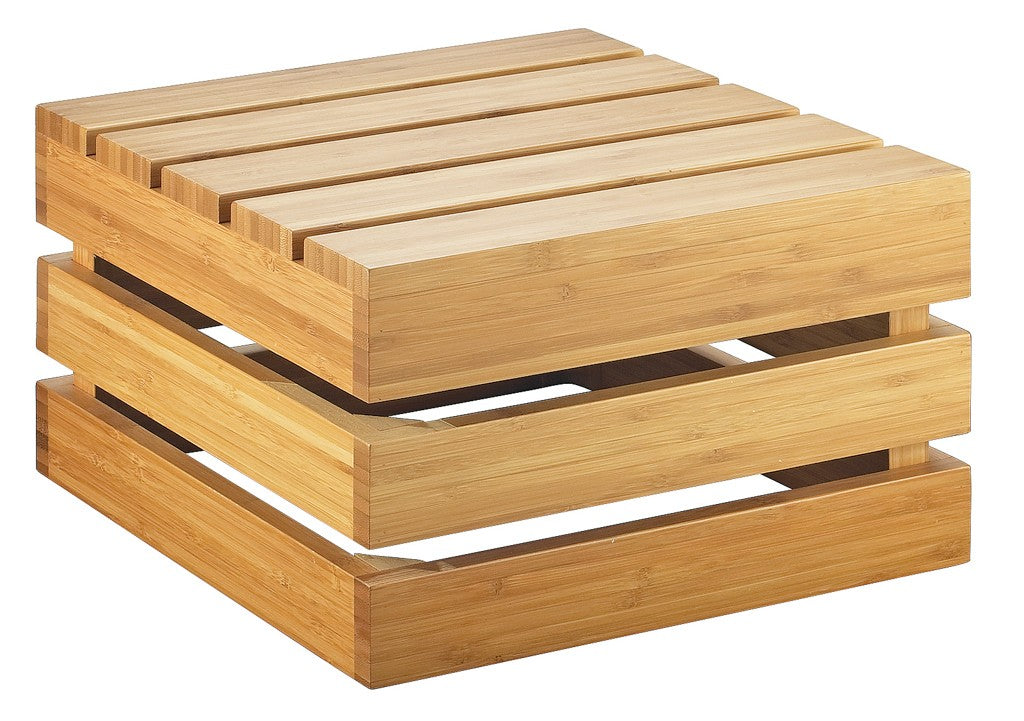 A modern, square wooden coffee table with a slatted top and base, made of light-colored bamboo. The layered, open design features horizontal slats on the top and a wider open gap between the top and base, resembling contemporary shelving.