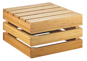 A modern, square wooden coffee table with a slatted top and base, made of light-colored bamboo. The layered, open design features horizontal slats on the top and a wider open gap between the top and base, resembling contemporary shelving.