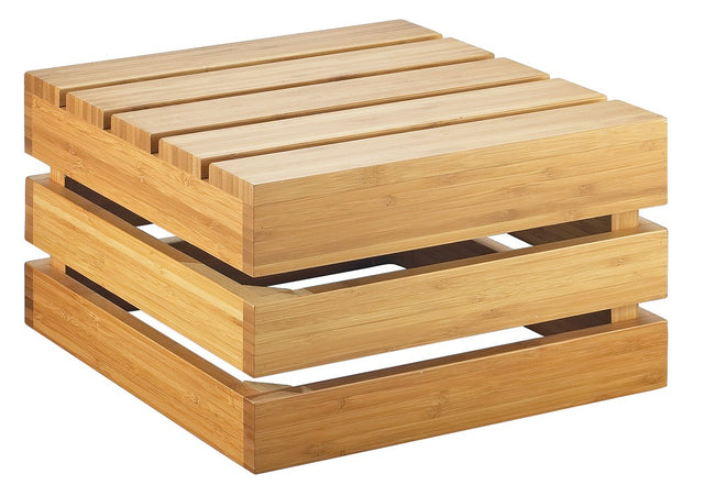 A modern, square wooden coffee table with a slatted top and base, made of light-colored bamboo. The layered, open design features horizontal slats on the top and a wider open gap between the top and base, resembling contemporary shelving.