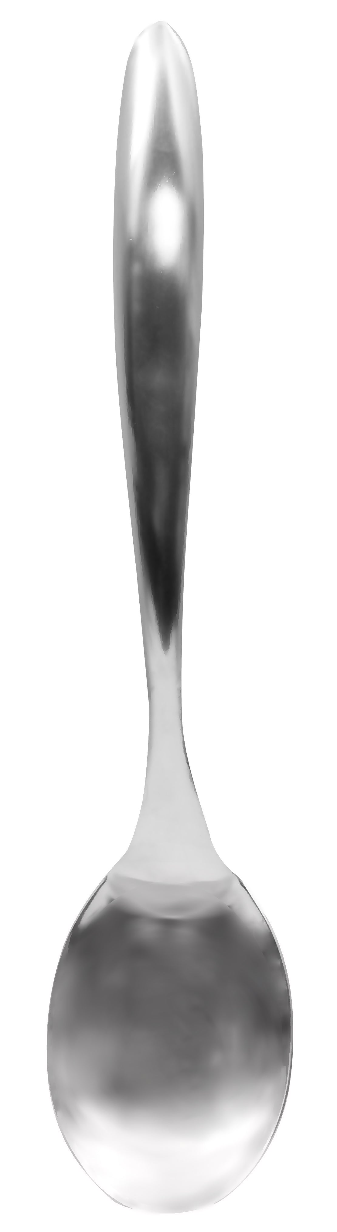 A shiny Dalton II Collection serving spoon with a rounded bowl and smooth, slightly curved handle is centered against a white background. The stainless steel shines, highlighting its metallic surface and simple, modern design.