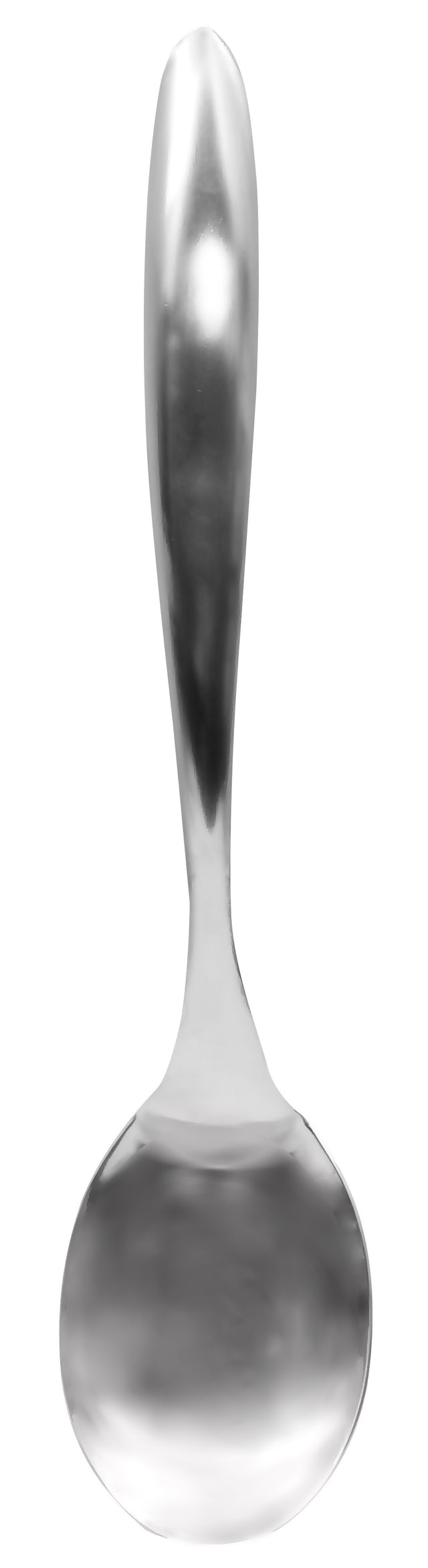 A shiny Dalton II Collection serving spoon with a rounded bowl and smooth, slightly curved handle is centered against a white background. The stainless steel shines, highlighting its metallic surface and simple, modern design.