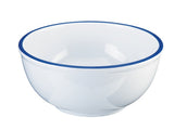 A white ceramic bowl with a smooth, glossy finish and a simple, thin blue rim around the top edge. This dishwasher safe bowl features gently curved sides and is set against a plain white background.
