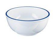 A white ceramic bowl with a smooth, glossy finish and a simple, thin blue rim around the top edge. This dishwasher safe bowl features gently curved sides and is set against a plain white background.