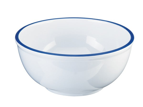 A white ceramic bowl with a smooth, glossy finish and a simple, thin blue rim around the top edge. This dishwasher safe bowl features gently curved sides and is set against a plain white background.
