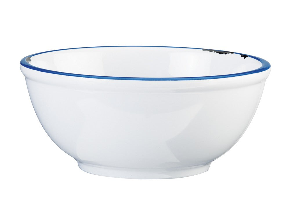 A plain white enamelware bowl with a small blue rim around the edge, shown against a white background. The bowl has a simple, smooth design and is dishwasher safe.