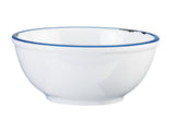 A plain white enamelware bowl with a small blue rim around the edge, shown against a white background. The bowl has a simple, smooth design and is dishwasher safe.