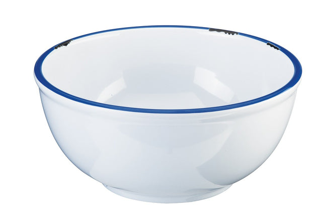 A plain white ceramic bowl with a slightly flared rim, bordered by a thin blue line. The dishwasher safe bowl sits on a flat white surface, its glossy finish and smooth, simple design highlighted by the lighting.