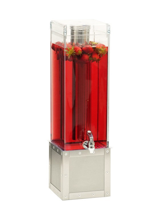A tall, modern 3-gallon beverage dispenser features a stainless steel base and holds bright red liquid with whole strawberries floating at the top. The clear, angular design includes a front faucet for easy pouring.