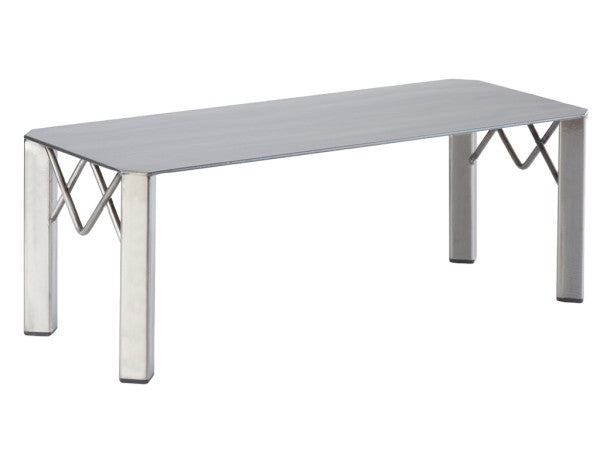 A modern metal rectangular riser with a flat silver top and four sturdy legs. The legs feature an X-shaped support, adding stability and geometric style to this minimalist industrial riser, ideal for displays like the Cal-Mil 3418-7. Plain white background.