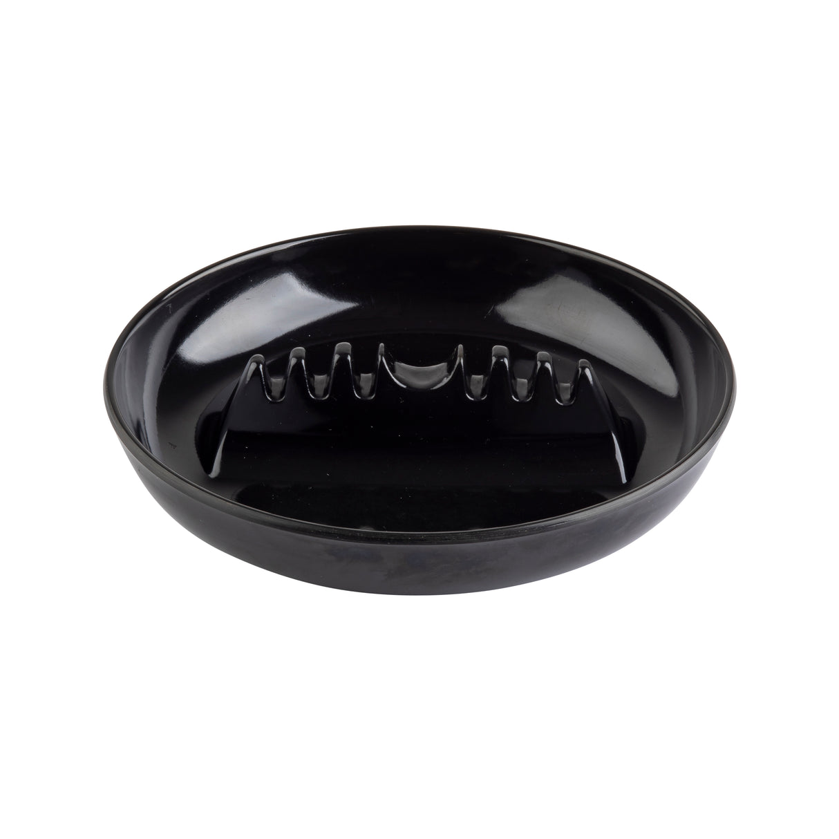 A glossy black, round ceramic ashtray or soap dish with raised ridges in the center for draining water and keeping soap elevated. The dish has smooth, curved sides and a shiny finish, reflecting light off its surface.