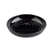 A glossy black, round ceramic ashtray or soap dish with raised ridges in the center for draining water and keeping soap elevated. The dish has smooth, curved sides and a shiny finish, reflecting light off its surface.