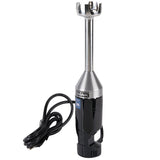 A stainless steel and black immersion blender, designed for light duty tasks, features a long blending shaft and coiled power cord. Shown upright on a white background, it has a handle, speed settings, and a visible brand label on the body.