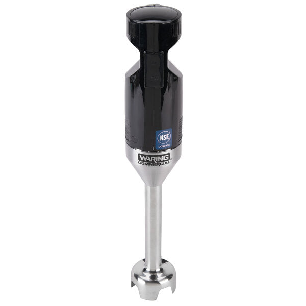 A light duty immersion blender with a black plastic top, silver metal shaft, and small blending blade at the end. The body displays a Waring Commercial logo and an NSF certification sticker. Ideal for up to 12 qt capacity, photographed on a white background.