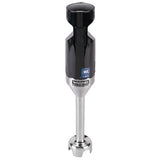 A light duty immersion blender with a black plastic top, silver metal shaft, and small blending blade at the end. The body displays a Waring Commercial logo and an NSF certification sticker. Ideal for up to 12 qt capacity, photographed on a white background.