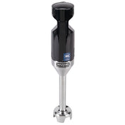 A light duty immersion blender with a black plastic top, silver metal shaft, and small blending blade at the end. The body displays a Waring Commercial logo and an NSF certification sticker. Ideal for up to 12 qt capacity, photographed on a white background.